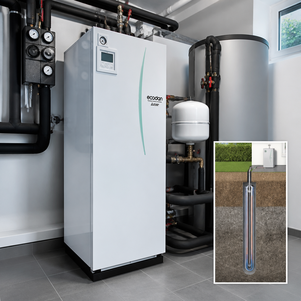 Schematische Darstellung einer Erdwärmepumpe mit Erdsonde und Hausanschluss