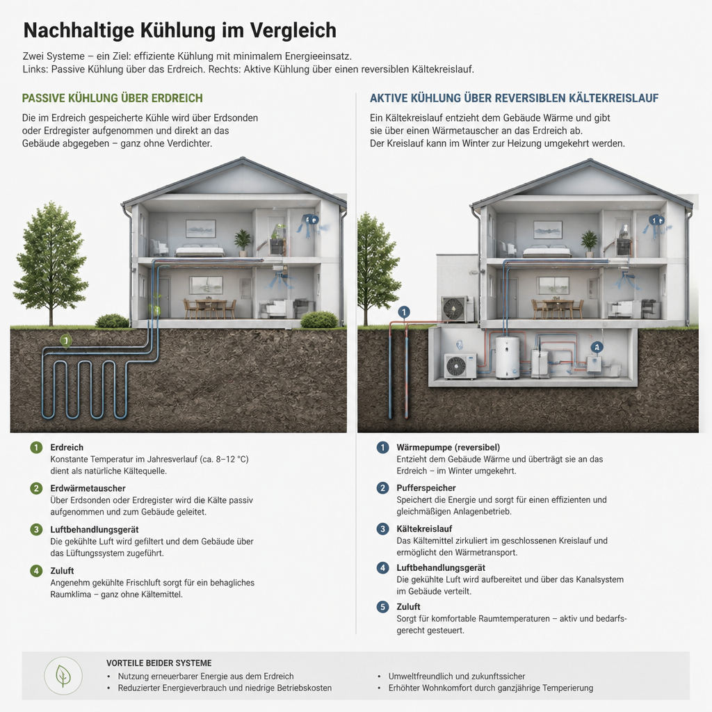 Schematische Darstellung von passiver und aktiver Kühlung mit Wärmepumpe