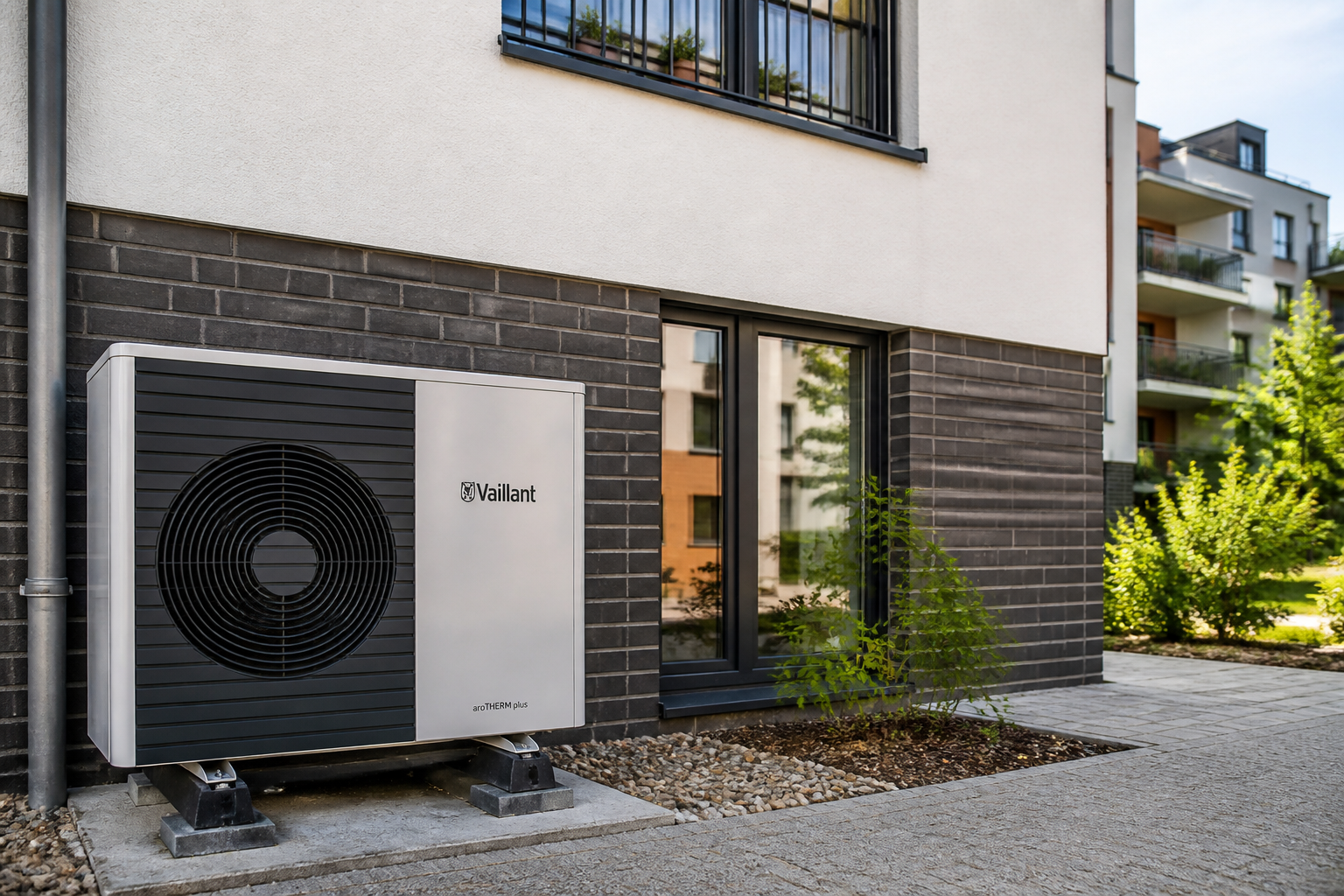 Wärmepumpe an einem Berliner Wohnhaus im urbanen Umfeld