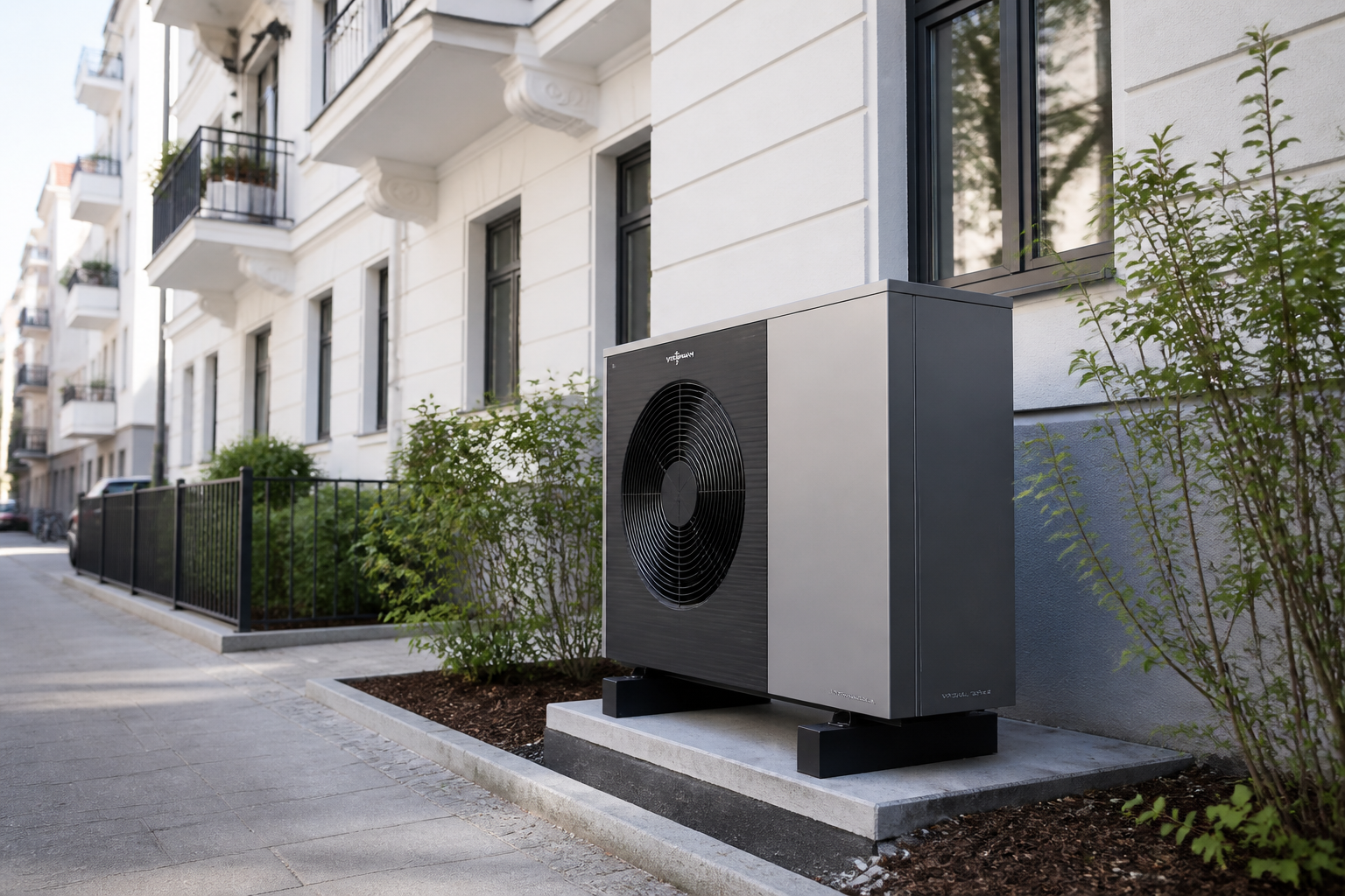 Moderne Wärmepumpe vor einem Berliner Wohnhaus