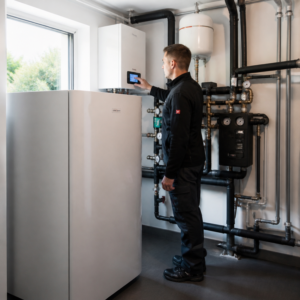 Techniker prüft Wärmepumpe und Heizungsanlage im Einfamilienhaus