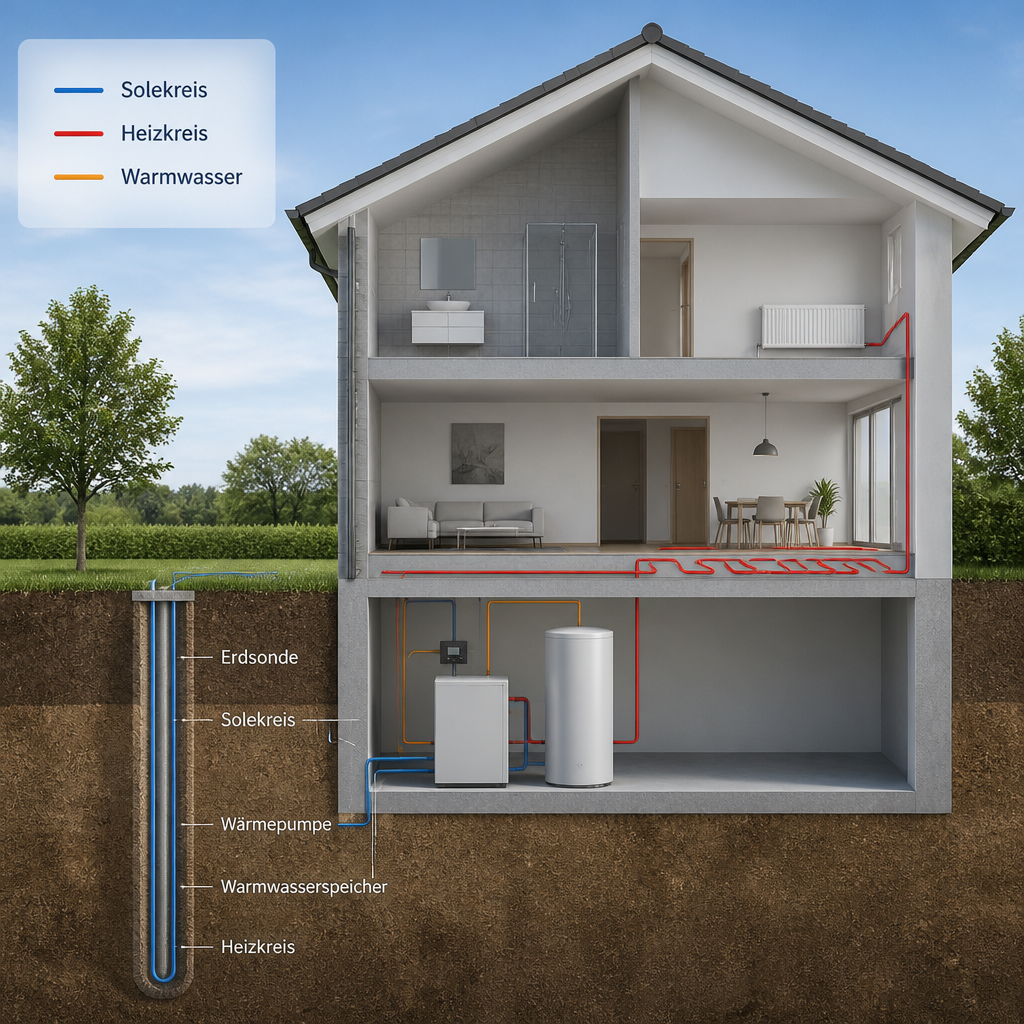 Schema einer Sole-Wasser-Wärmepumpe mit Erdsonde, Solekreis und Heizkreislauf im Einfamilienhaus