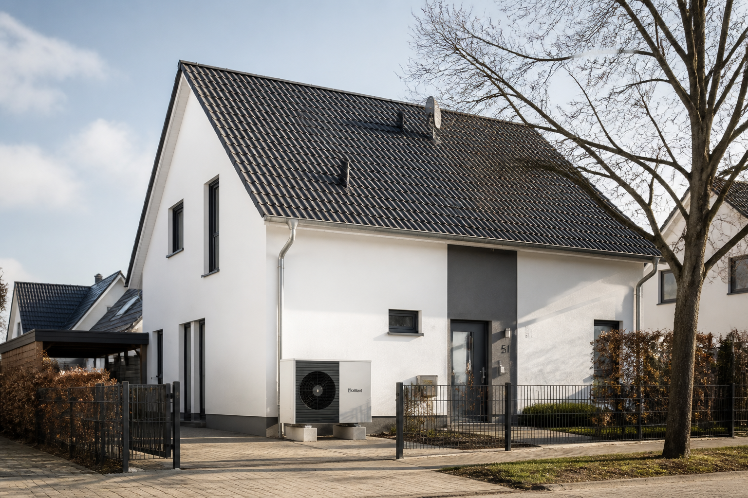 Haus in Oranienburg mit moderner Wärmepumpe im Vorgarten