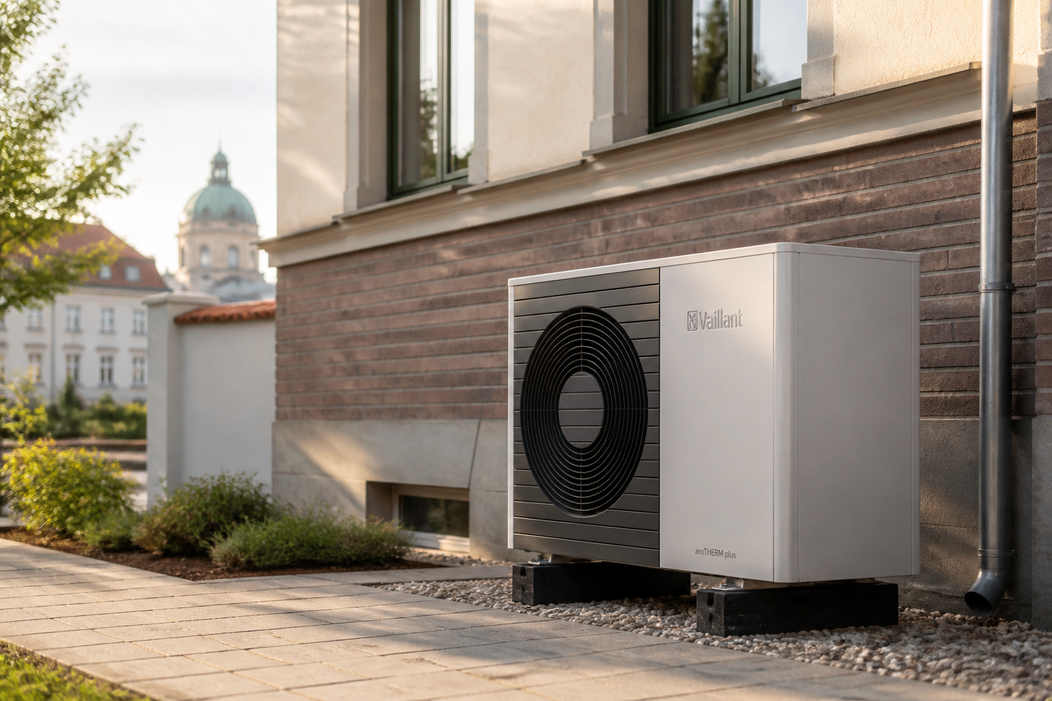 Moderne Luft-Wasser-Wärmepumpe vor einem sanierten Wohnhaus in Potsdam
