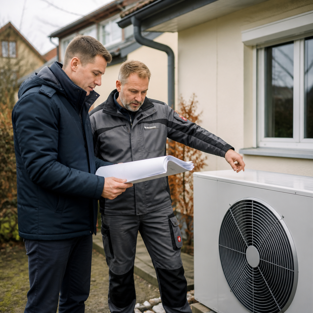 Fachbetrieb prüft Wärmepumpen-Installation vor einem Haus