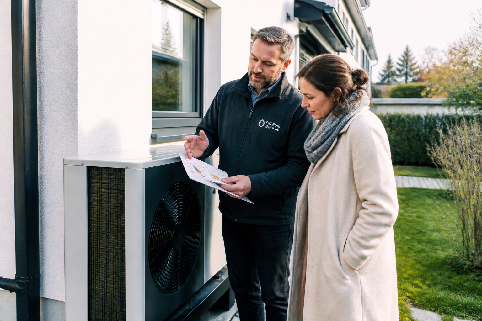 Eigentümerin und Energieberater prüfen gemeinsam eine Wärmepumpe vor einem Wohnhaus in Berlin-Brandenburg
