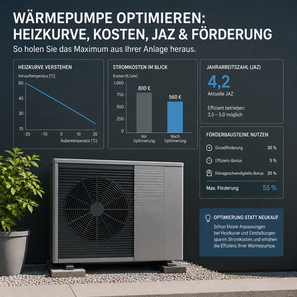 Schematische Darstellung von Kosten, JAZ und Förderlogik einer Wärmepumpe in Bayern