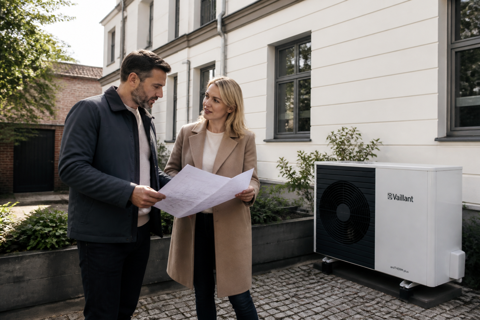 Eigentümer und Energieberater vor einem Wohnhaus in Berlin mit Wärmepumpe im Vordergrund