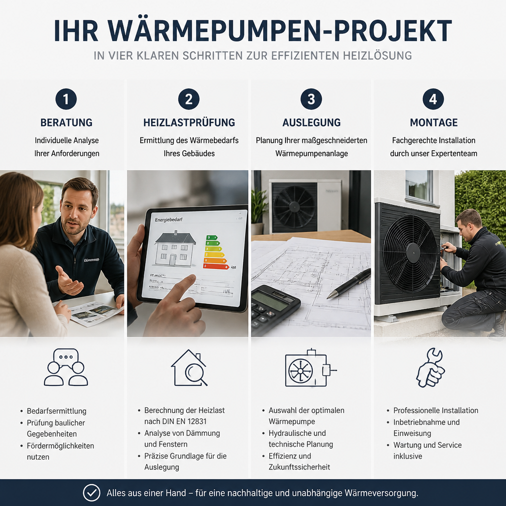 Schematische Darstellung eines Wärmepumpenprojekts mit Beratung, Heizlast, Technik und Montage