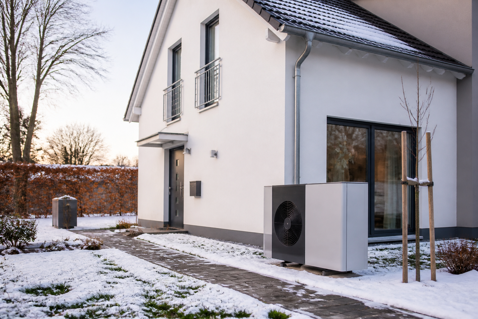 Modernes Brandenburger Einfamilienhaus mit installierter Wärmepumpe im Garten