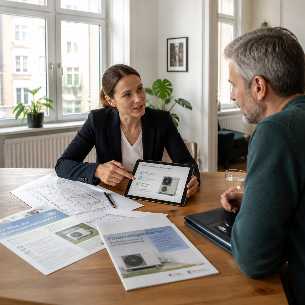 Photorealistische Darstellung einer Energieberaterin, die Förderunterlagen und ein Wärmepumpen-Angebot in einem Berliner Altbau prüft