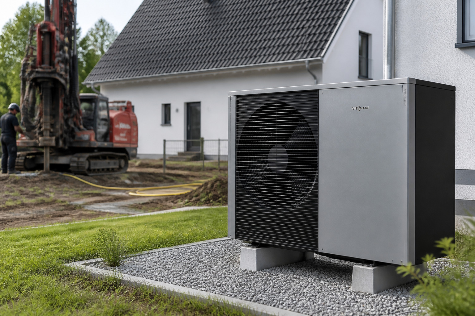 Erdwärmepumpe vor einem Einfamilienhaus in Brandenburg mit Bohrgerät und Technikmodul