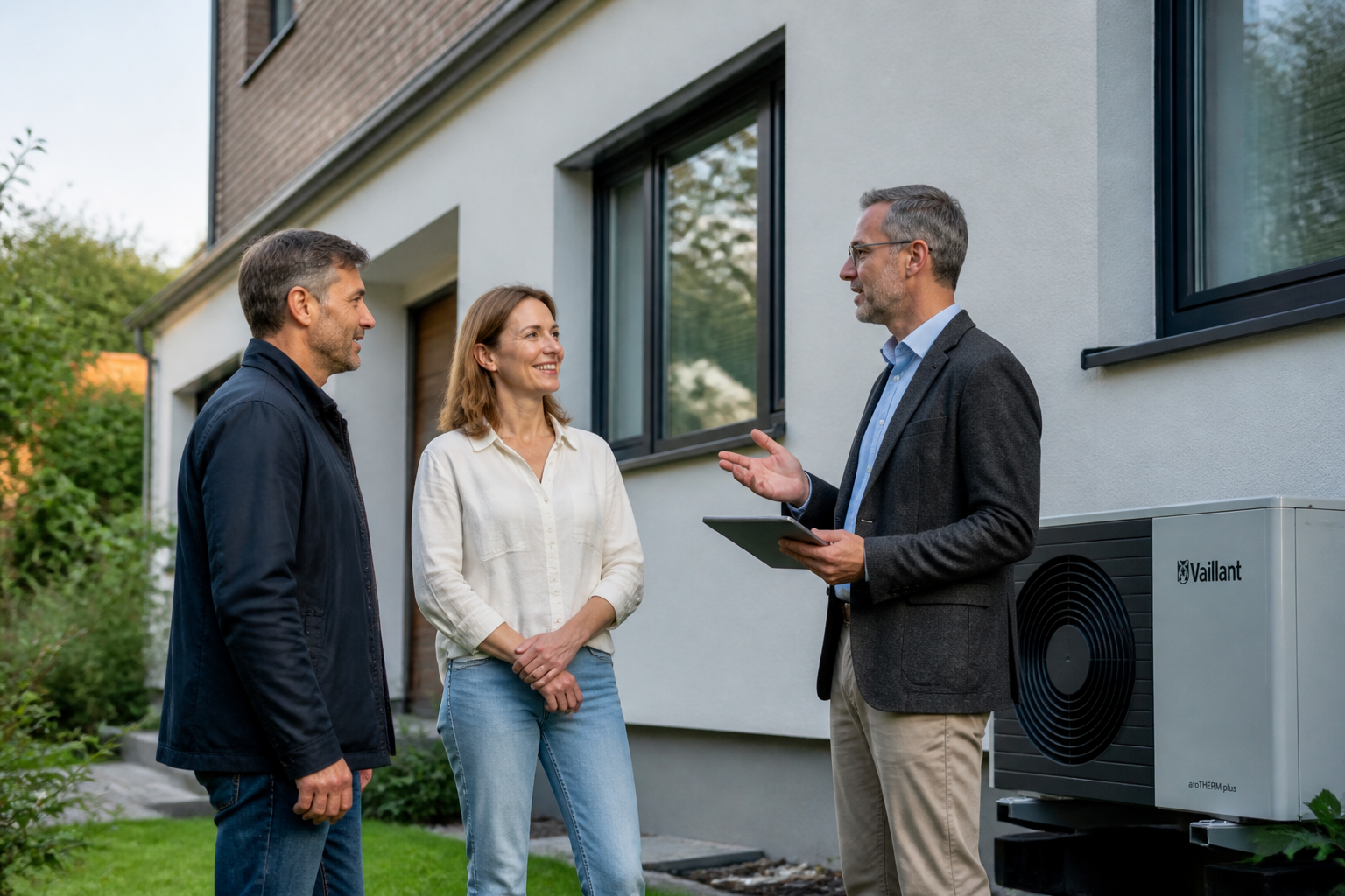 Eigentümer beraten sich vor einem Wohnhaus über die Förderung einer Wärmepumpe in Berlin oder Brandenburg