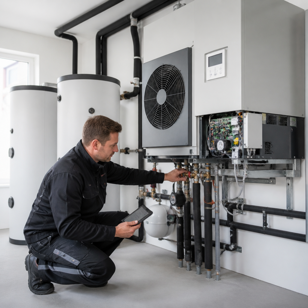 Techniker prüft Hydraulik und Elektroanschlüsse einer Wärmepumpe im Heizraum
