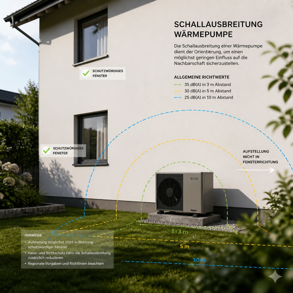 Grafische Darstellung von Schallausbreitung einer Wärmepumpe mit Abstandsradien im Einfamilienhaus