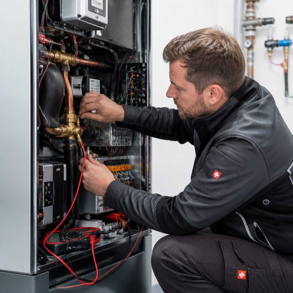 Facharbeiter prüfen die Hydraulik und den Anschluss einer Wärmepumpe