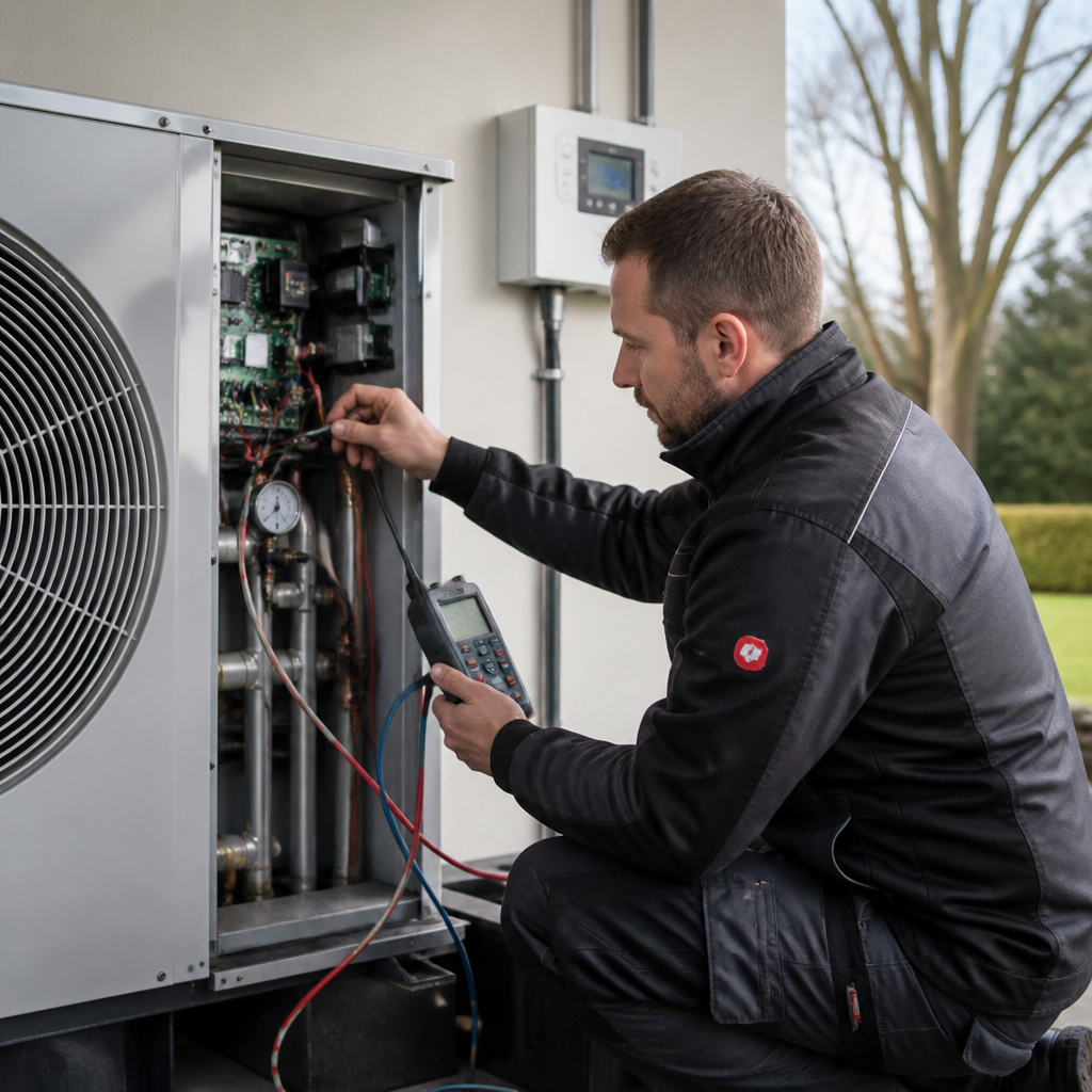 Techniker prüft eine Wärmepumpenanlage mit Manometer und Steuerung