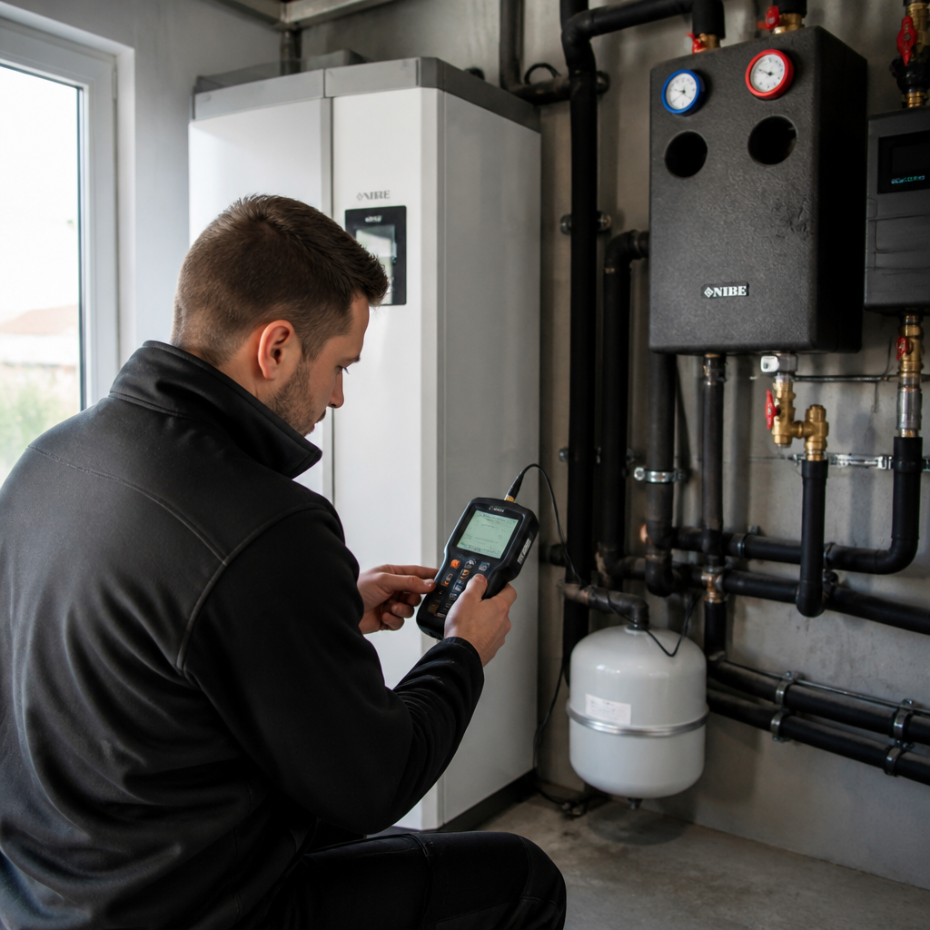 Techniker prüft eine Wärmepumpenanlage mit Messgerät im Heizraum