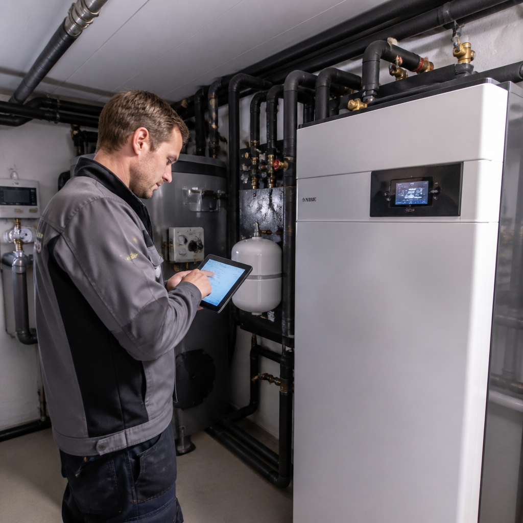 Fachhandwerker prüft die Installation einer Luft-Wasser-Wärmepumpe