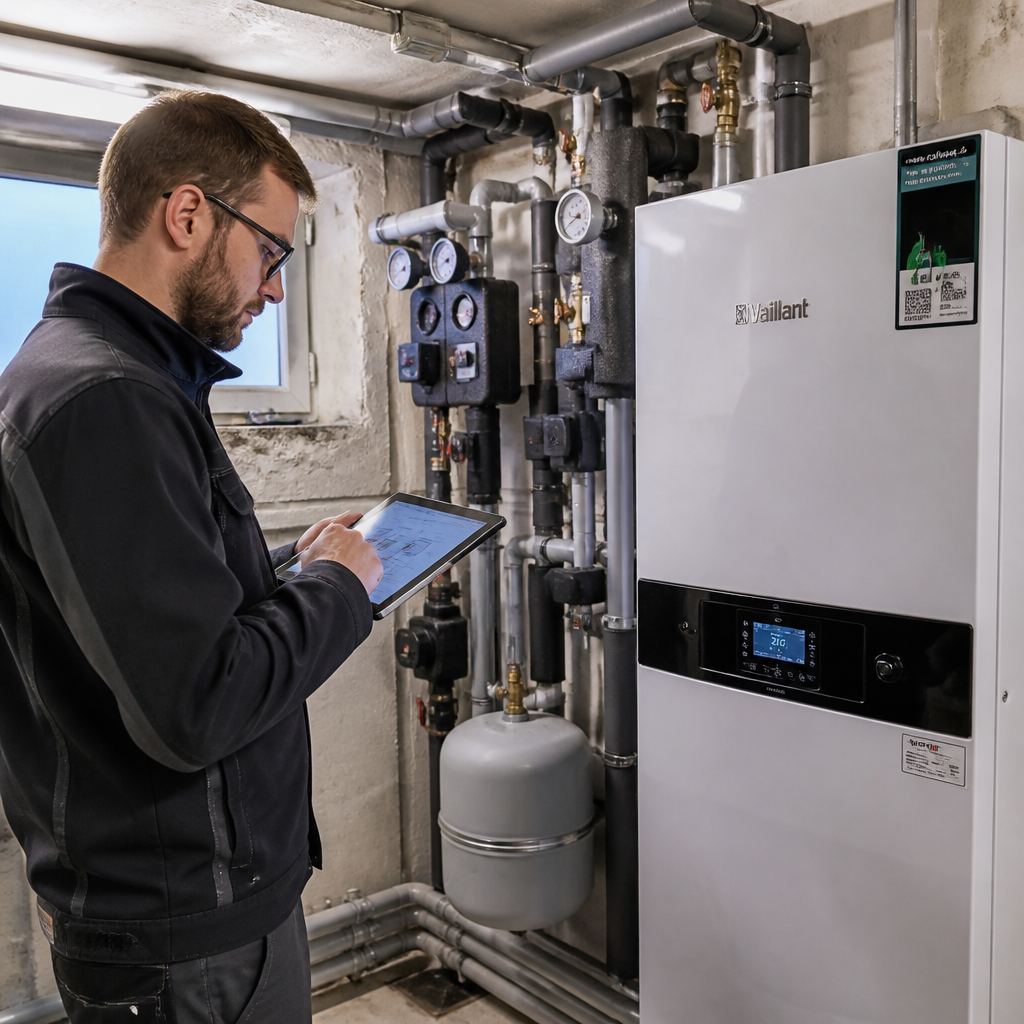 Fachbetrieb prüft die Installation einer Wärmepumpe in einem Berliner Bestandsgebäude