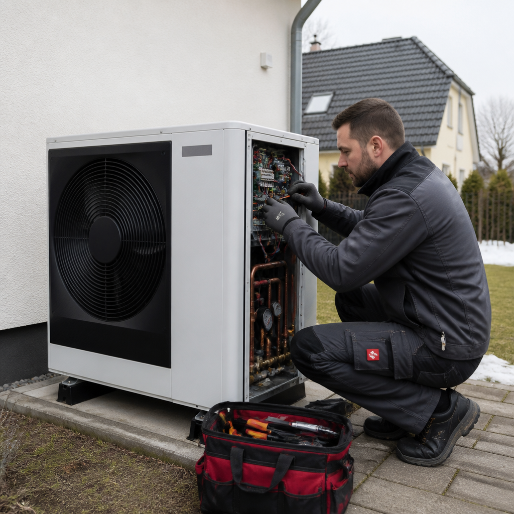 Techniker prüft eine Wärmepumpe am Einfamilienhaus in Königs Wusterhausen