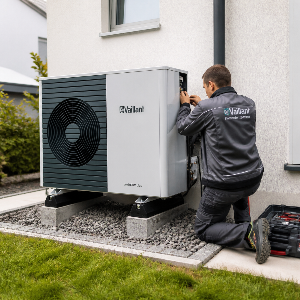 Fachbetrieb installiert eine Wärmepumpe am Wohnhaus