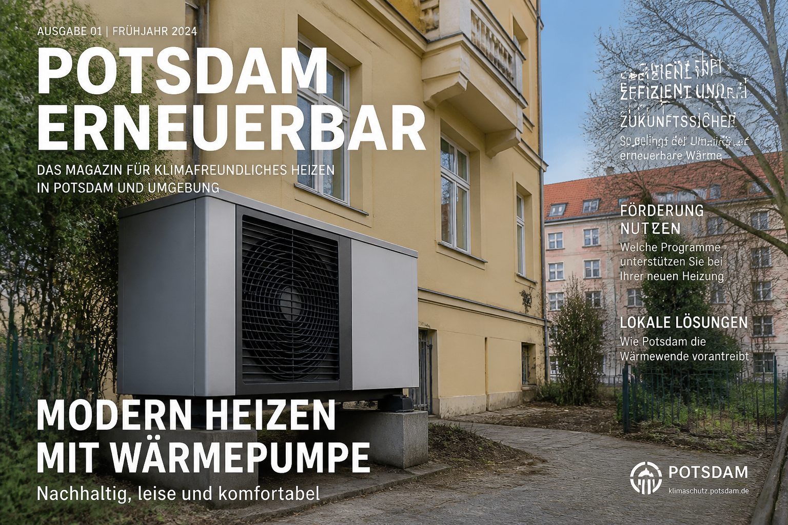 Moderne Luft-Wasser-Wärmepumpe vor einem sanierten Bestandsgebäude in Potsdam