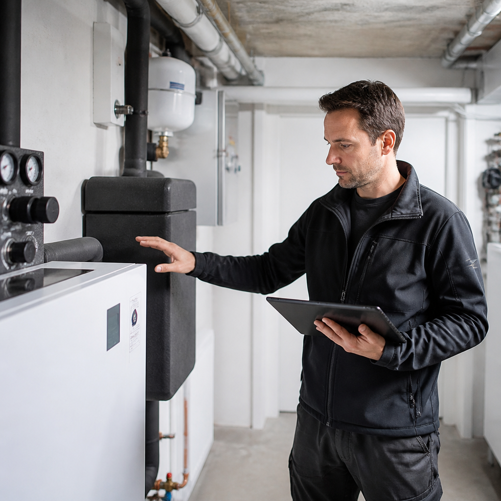Fachbetrieb prüft Heizungsraum und Aufstellort für eine Wärmepumpe im Bestandsgebäude