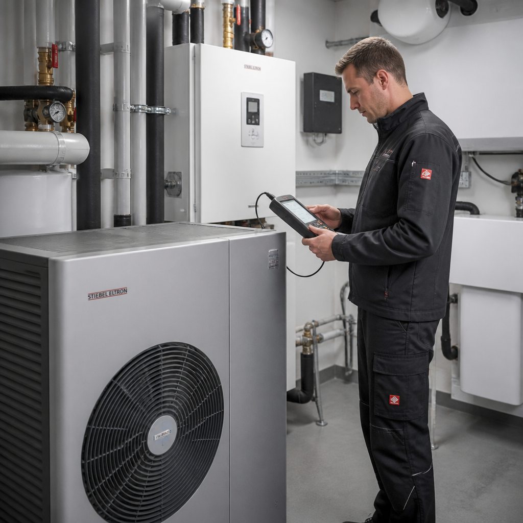 Techniker kontrolliert Wartungswerte an einer Wärmepumpe im Heizraum