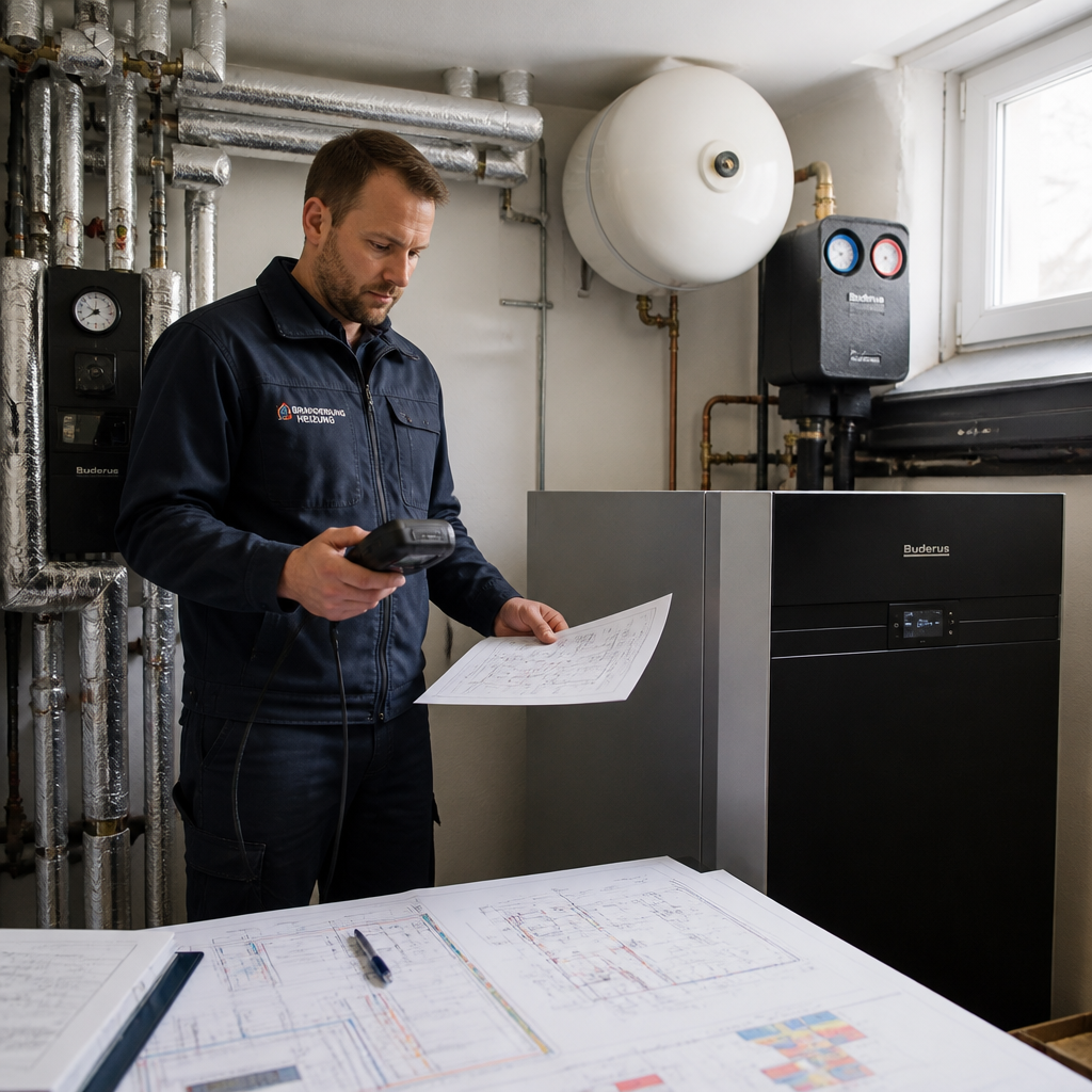 Techniker prüft Kostenpositionen und Installationsplan für eine Wärmepumpe in einem Brandenburger Bestandshaus