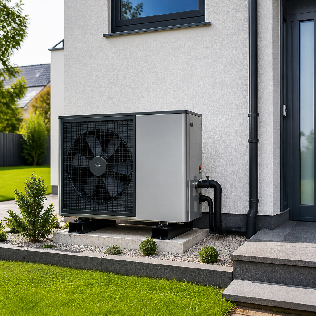 Außeneinheit einer Wärmepumpe neben einem Einfamilienhaus mit moderner Haustechnik