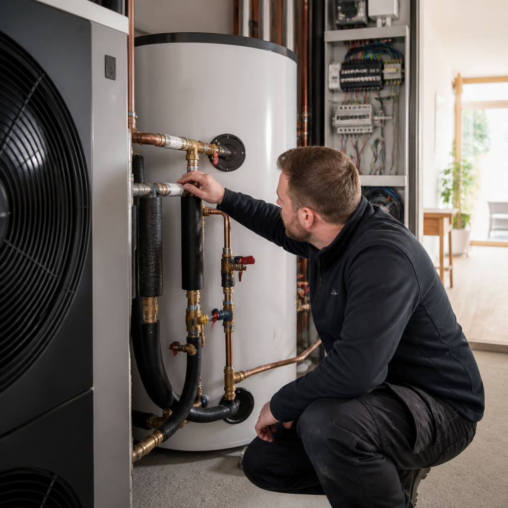 Vergleich von Installationsarbeiten an Wärmepumpe, Speicher und Elektroanschluss