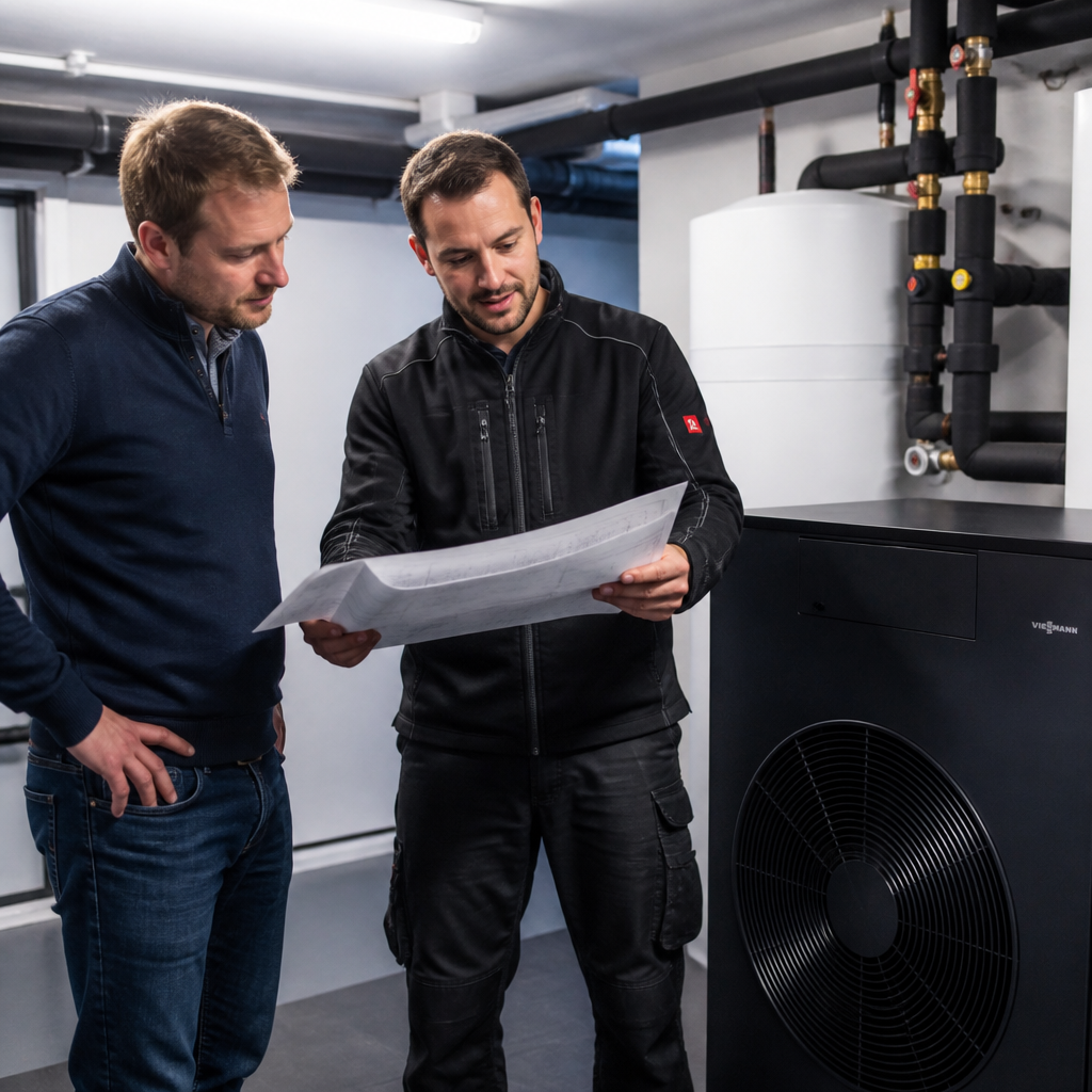 Berliner Hausbesitzer bespricht mit Installateur die Planung einer Wärmepumpe