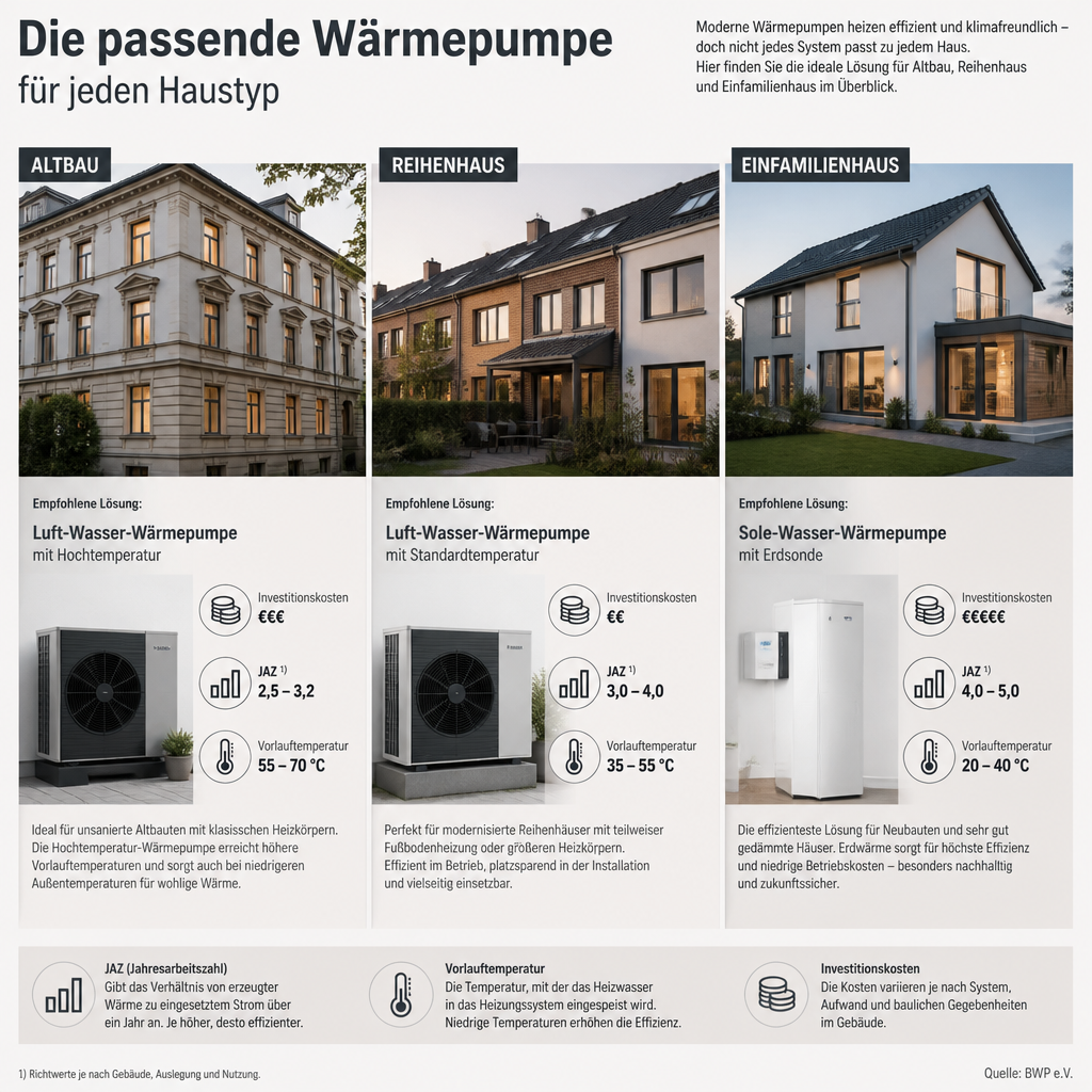 Vergleich von Luft-Wasser- und Sole-Wasser-Wärmepumpe mit Haus-Typen