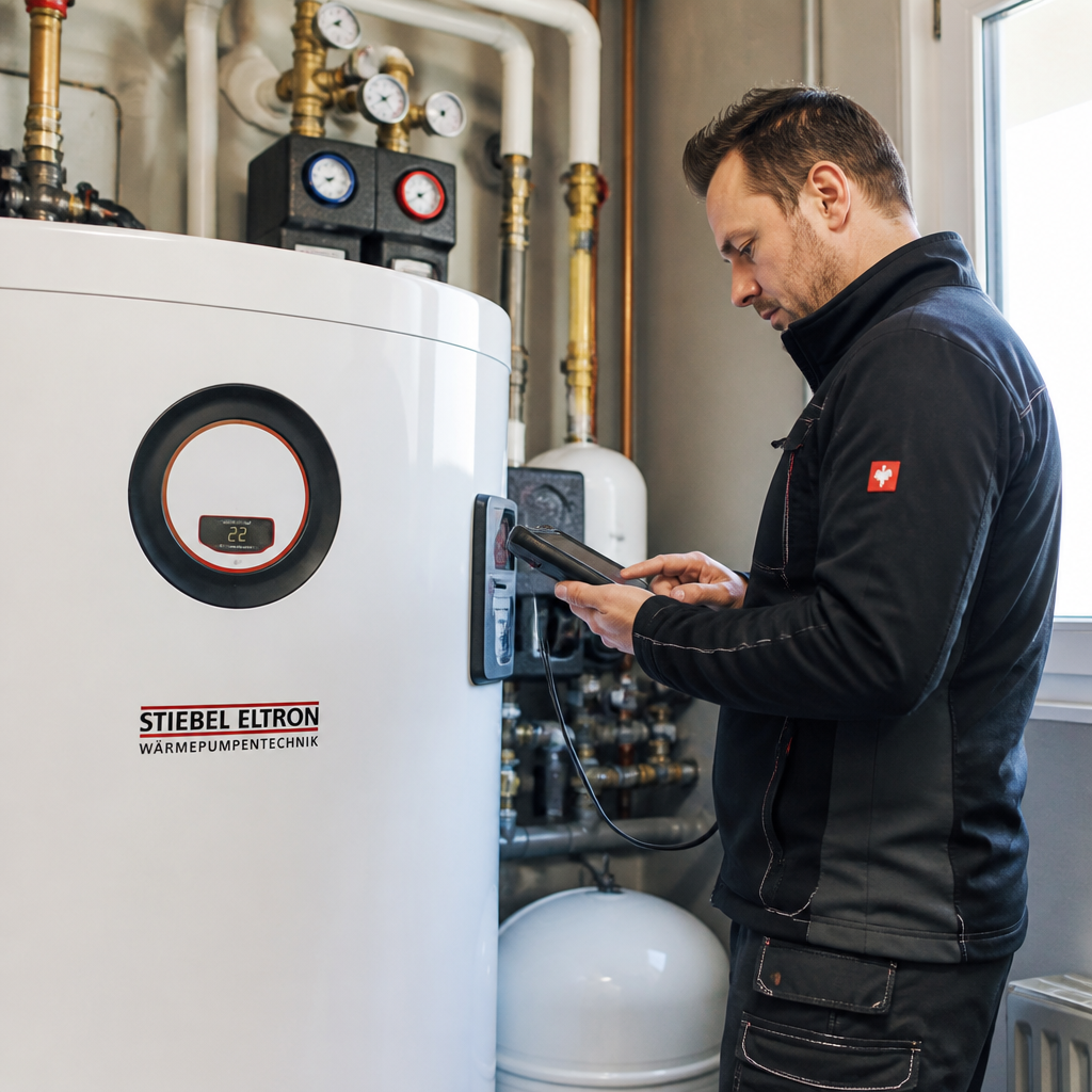 Fachhandwerker prüft die Installation einer Wärmepumpe im Heizraum
