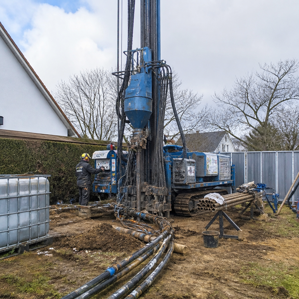 Erdsonden-Bohrung für eine Erdwärmepumpe auf einem Grundstück