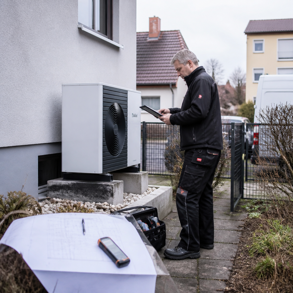 Fachbetrieb prüft die Aufstellung einer Luft-Wasser-Wärmepumpe an einem Bestandsgebäude