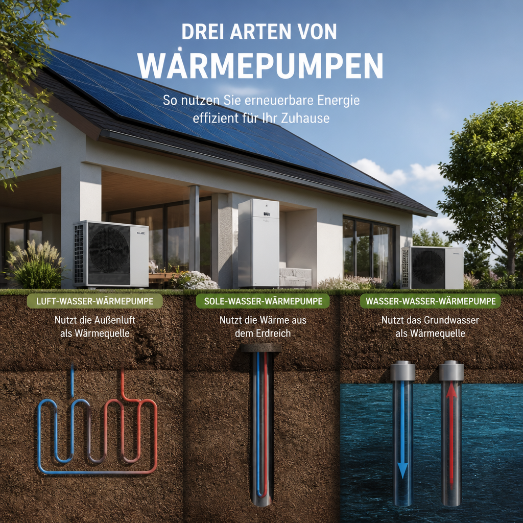 Schematische Darstellung von Luft-, Sole- und Wasserwärmepumpe im Kontext von Grundstück und Behördenprüfung