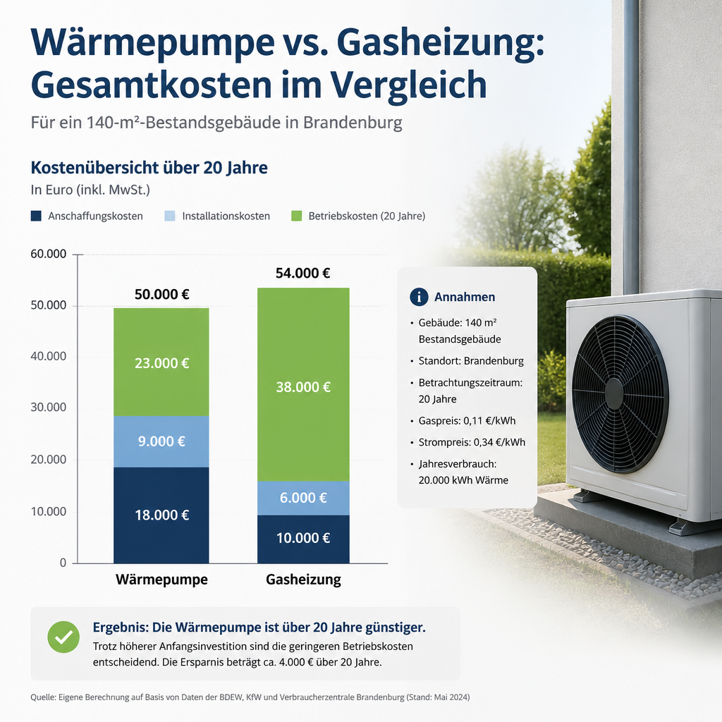 Kostenvergleich Wärmepumpe und Gasheizung als Diagramm für ein 140-m²-Haus in Brandenburg