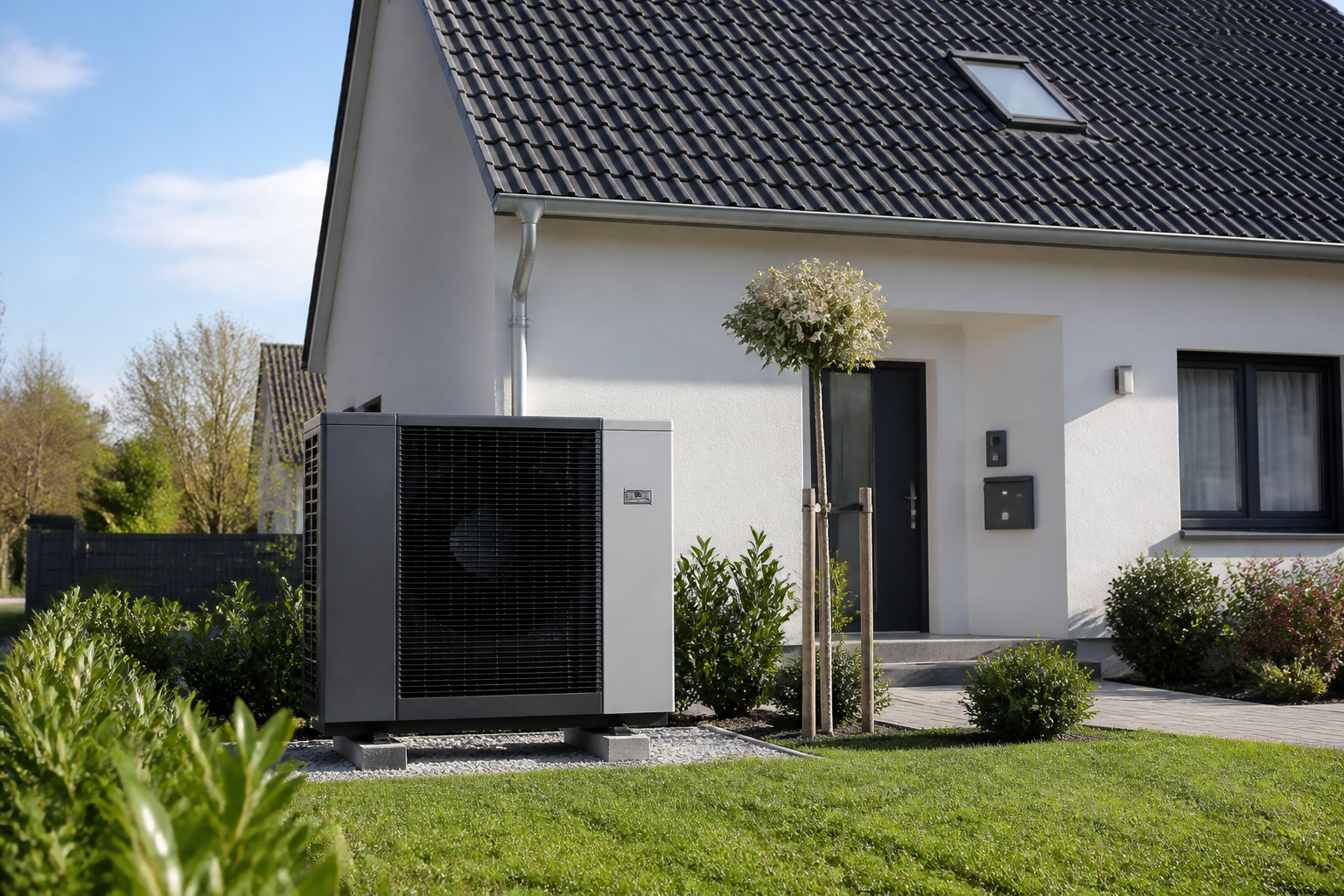 Moderne Wärmepumpe vor einem Brandenburger Einfamilienhaus