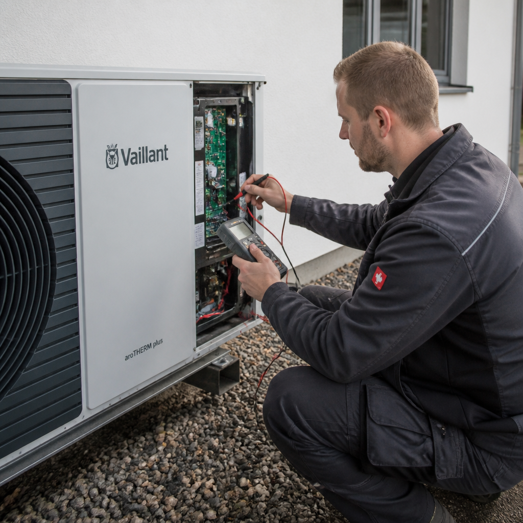 Techniker prüft eine Wärmepumpe an einem Einfamilienhaus in Brandenburg