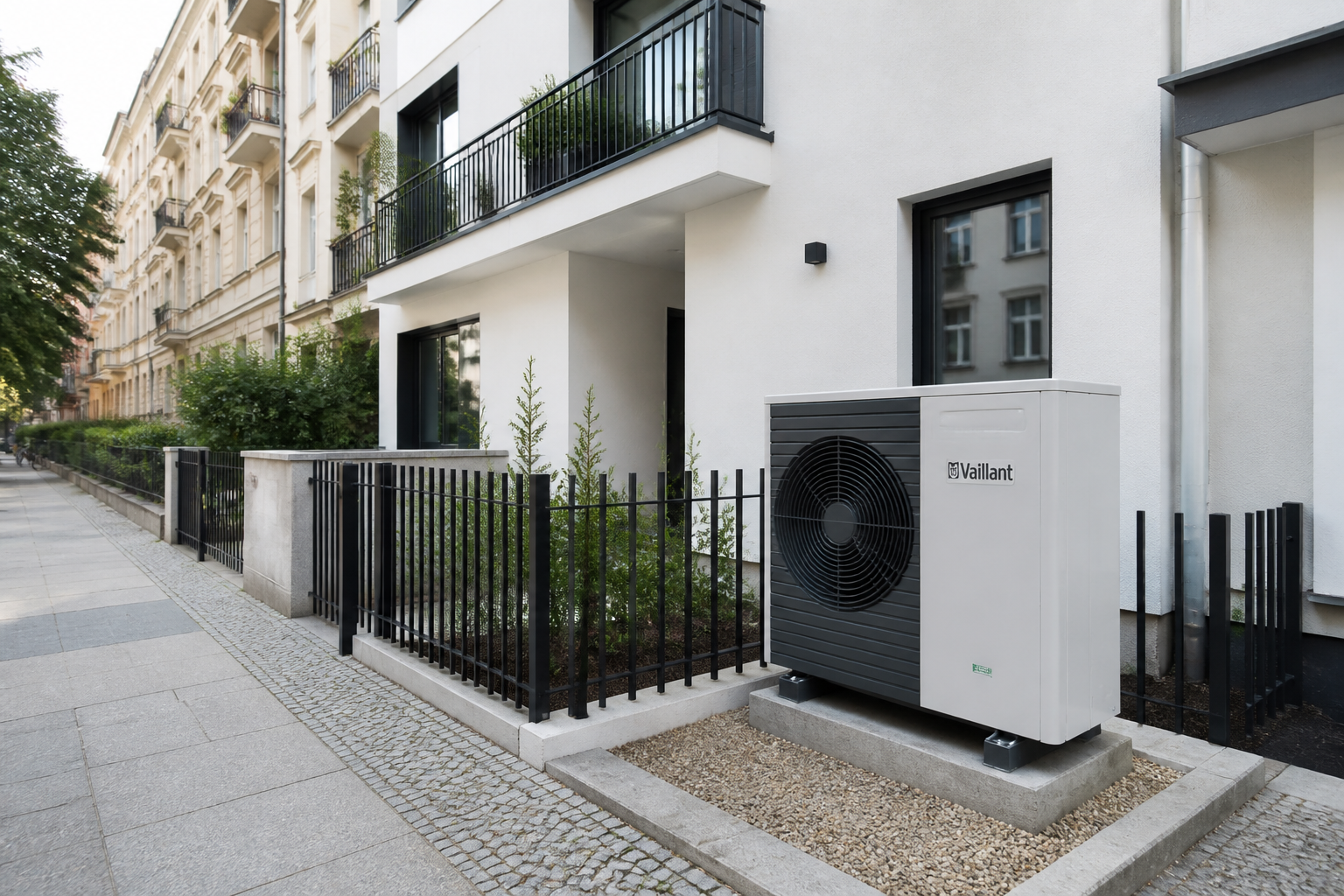 Photorealistische Szene mit moderner Luft-Wasser-Wärmepumpe vor einem sanierten Wohnhaus in Berlin, im Hintergrund Stadthäuser und urbane Umgebung