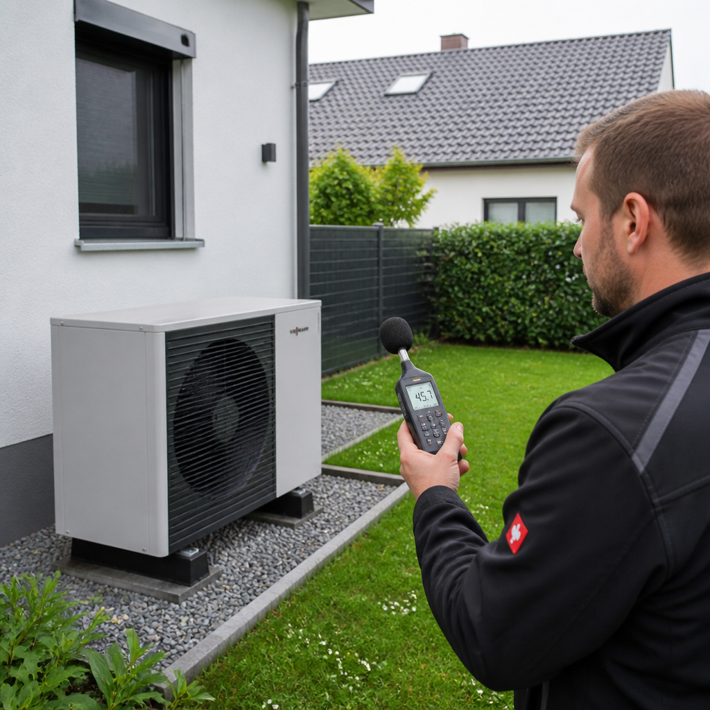 Techniker misst den Schall einer Wärmepumpe im Garten eines Hauses