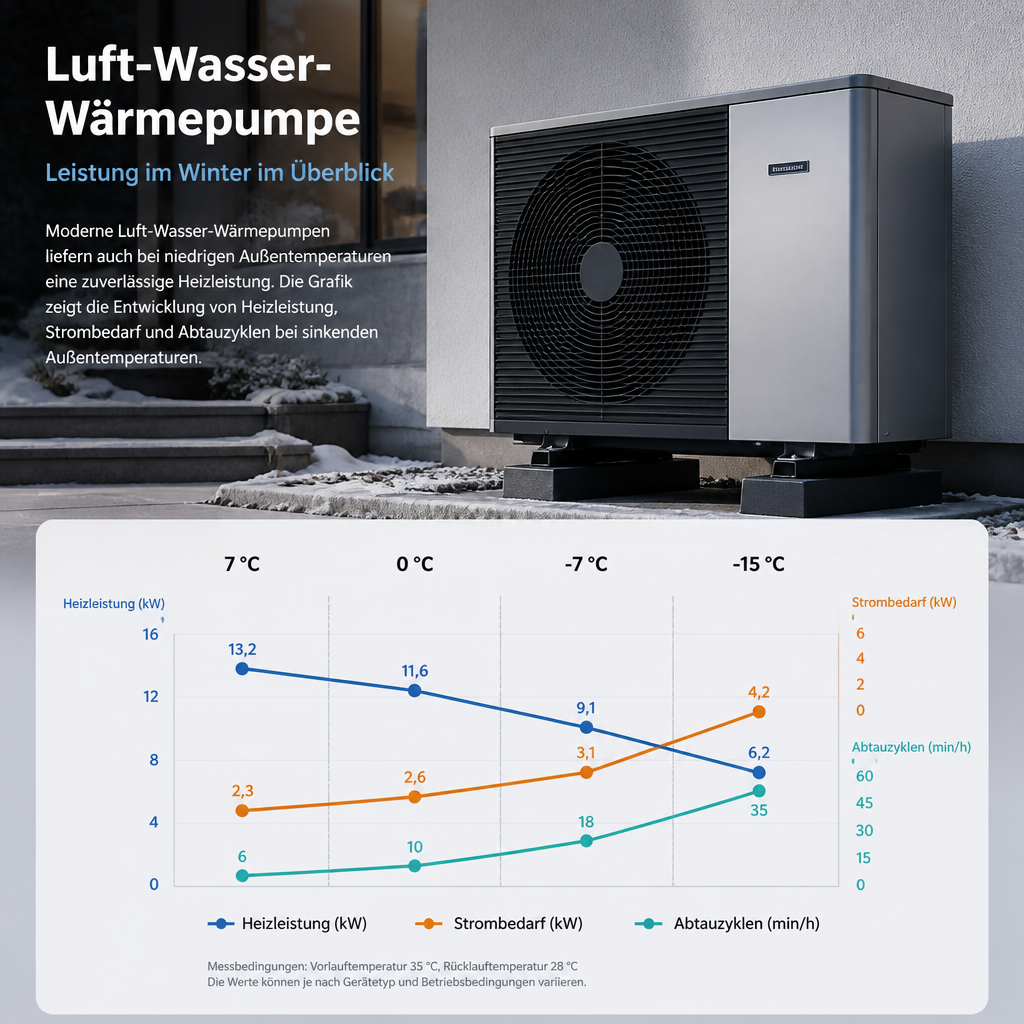 Diagramm zur Heizleistung und Effizienz einer Wärmepumpe bei fallenden Außentemperaturen