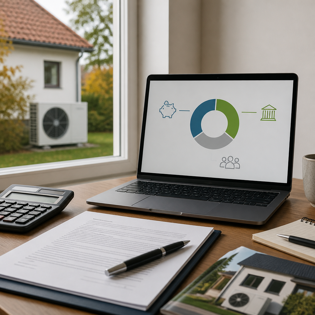 Finanzierungsübersicht für eine Wärmepumpe mit Förderanteil, Eigenkapital und Kreditrest