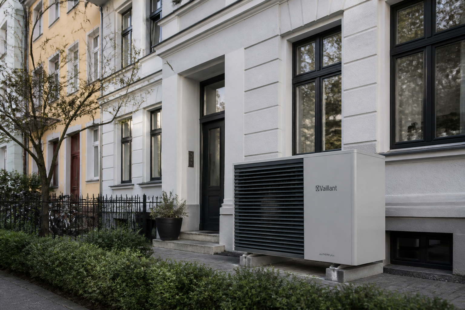 Haus in Berlin mit installierter Wärmepumpe im Vorgarten