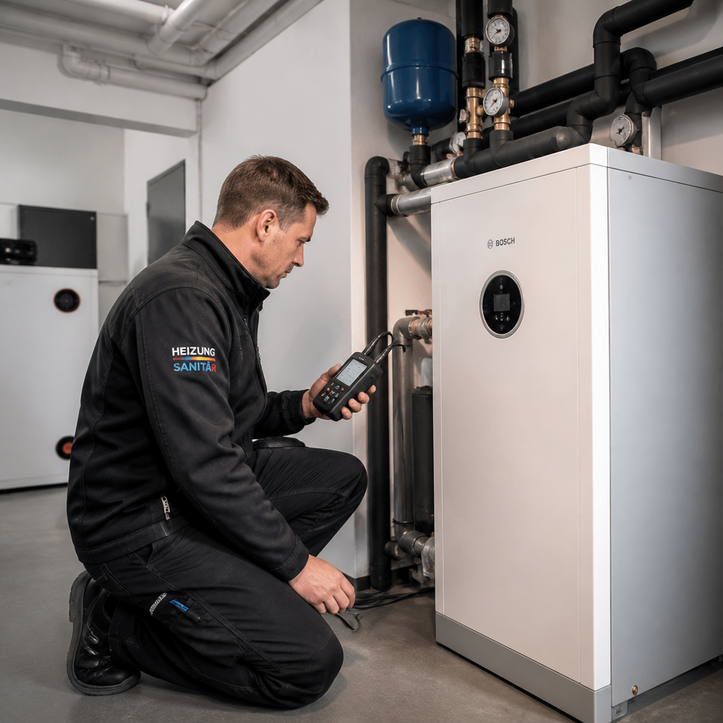 Installateur prüft Wärmepumpen-Komplettpaket im Heizraum