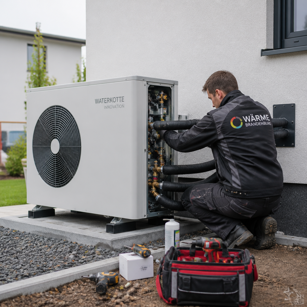 Fachbetrieb installiert eine Wärmepumpe am Einfamilienhaus