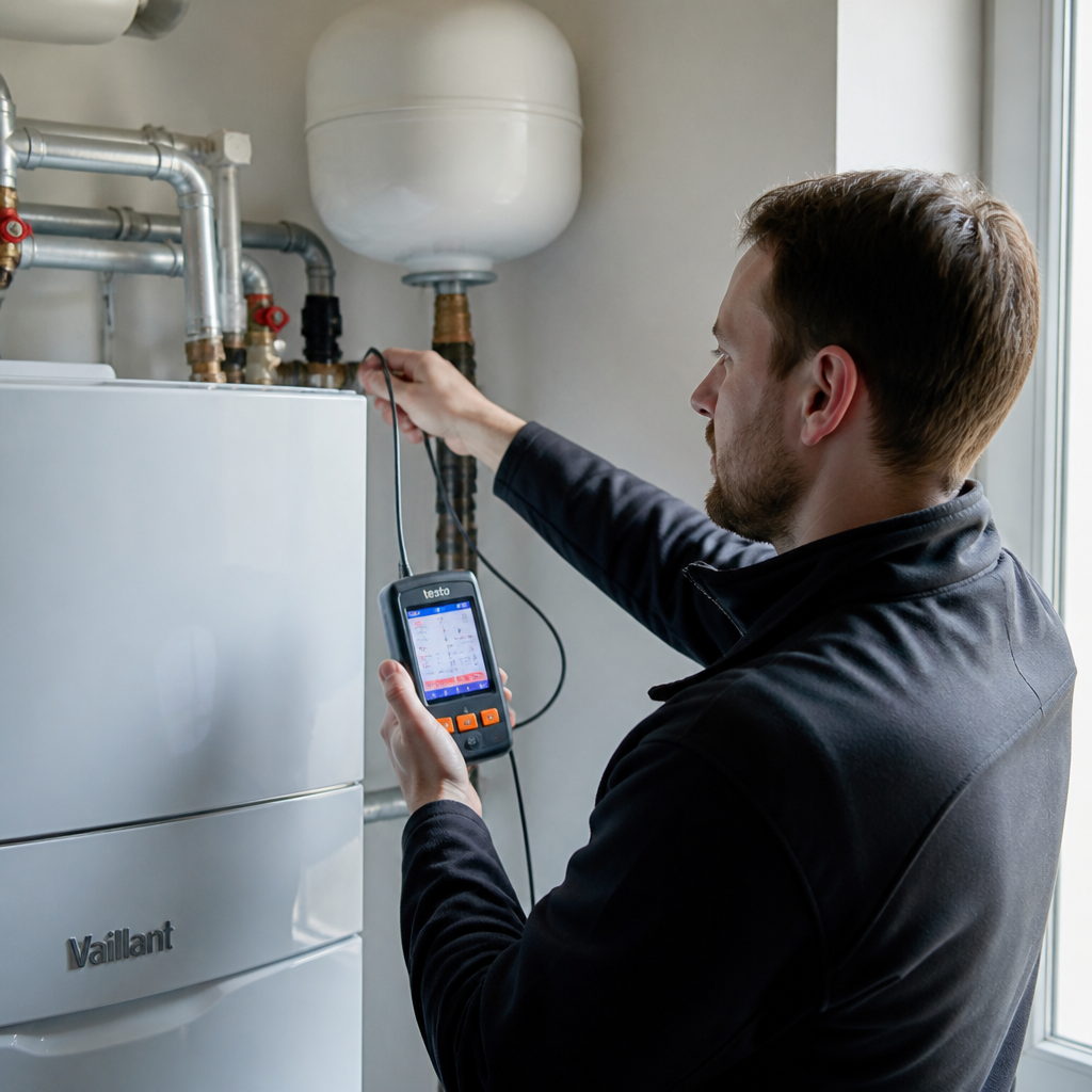 Fachbetrieb misst Heizsystem für Wärmepumpe in Berlin
