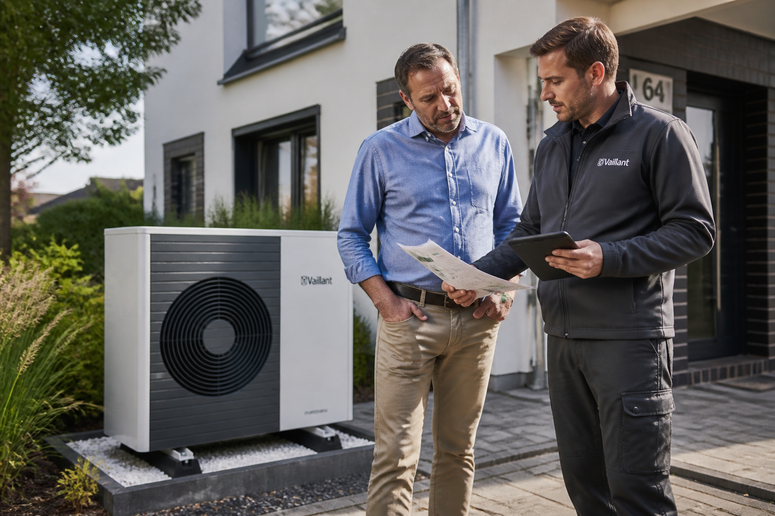 Hausbesitzer und Energieberater prüfen eine Wärmepumpe in einem Berliner Wohngebäude
